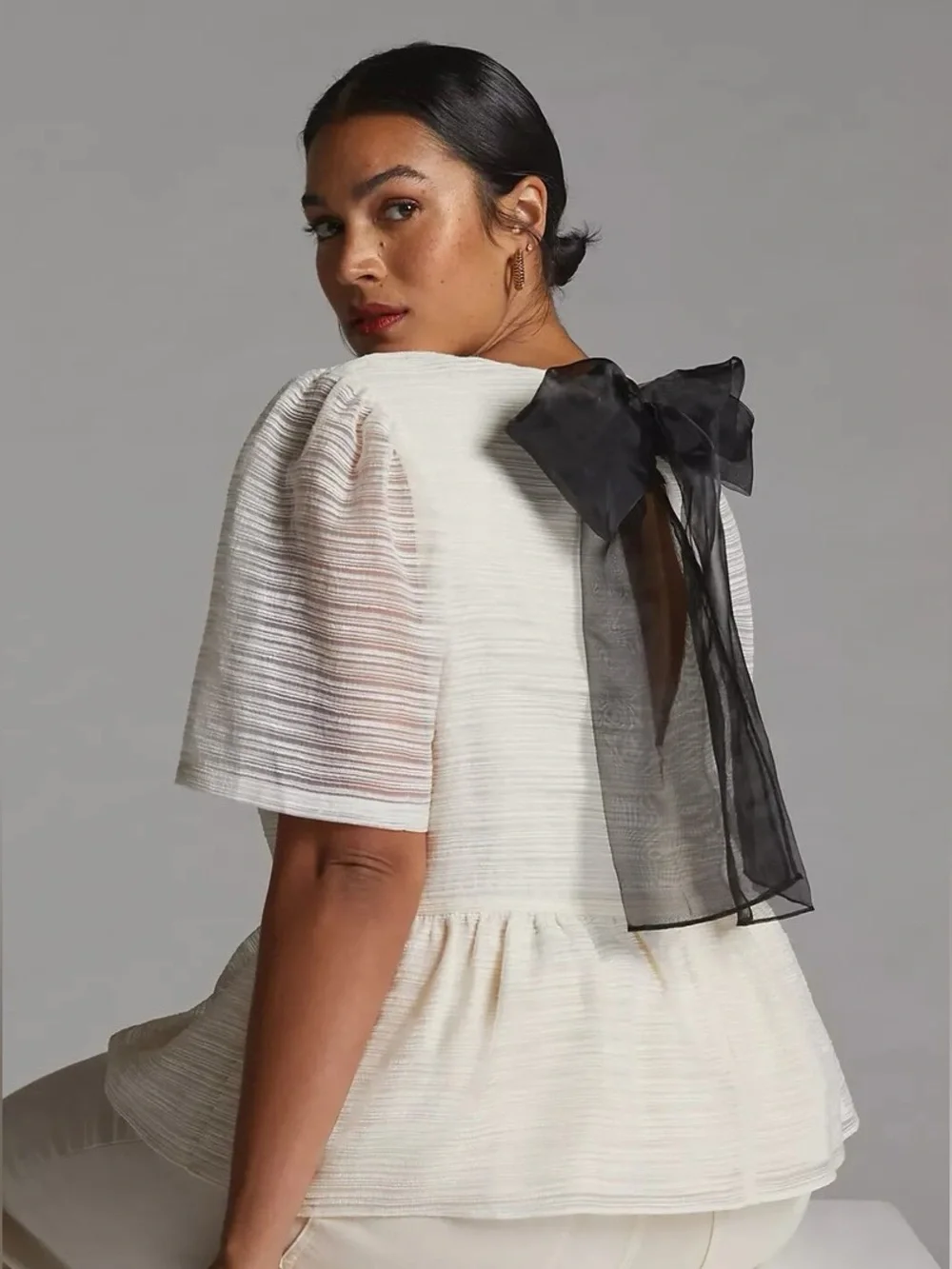 Anthropologie Sunday in Brooklyn Cream Sheer Bow-Back Blouse Top Plus Size 2X 🎀